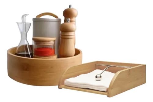 Kit Porta Guardanapo Bambu + Porta Tempero Giratório Bambu Madeira