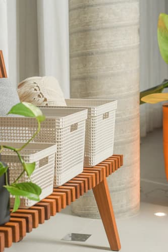 Cesto Organizador Grid Em Plástico Bege Tampa Bambu 20l Branco