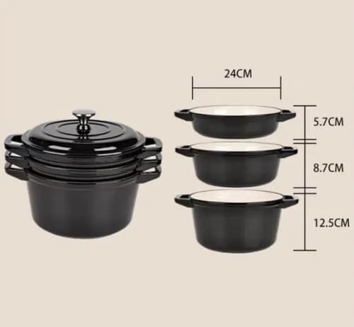 Kit 3 Panelas Redonda Caçarola Ferro Fundido Esmaltada Preto